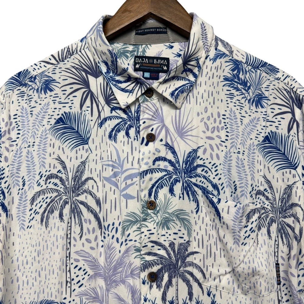 Baja Llama Button Down Shirt Men XL White Blue Tropical Palm Print Resort Aloha